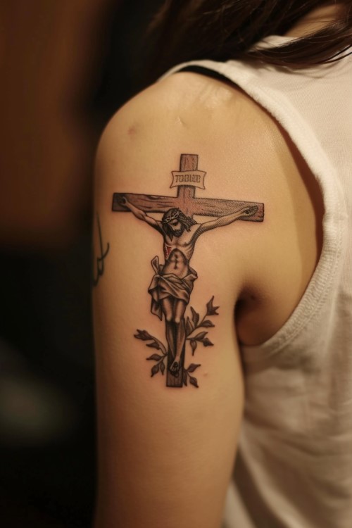 Jesus on Cross Woman's Shoulder tattoo