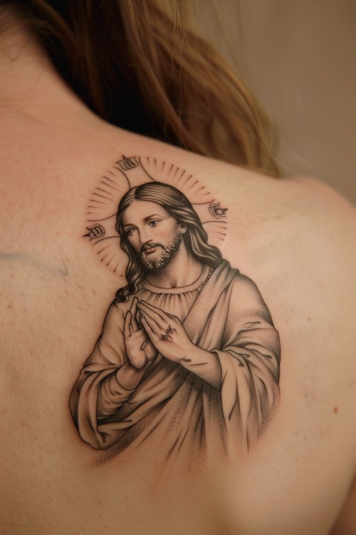 Jesus Tattoo on Shoulder Blade
