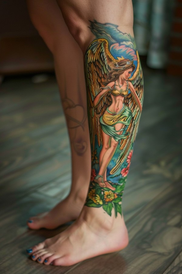 Angel leg tattoo
