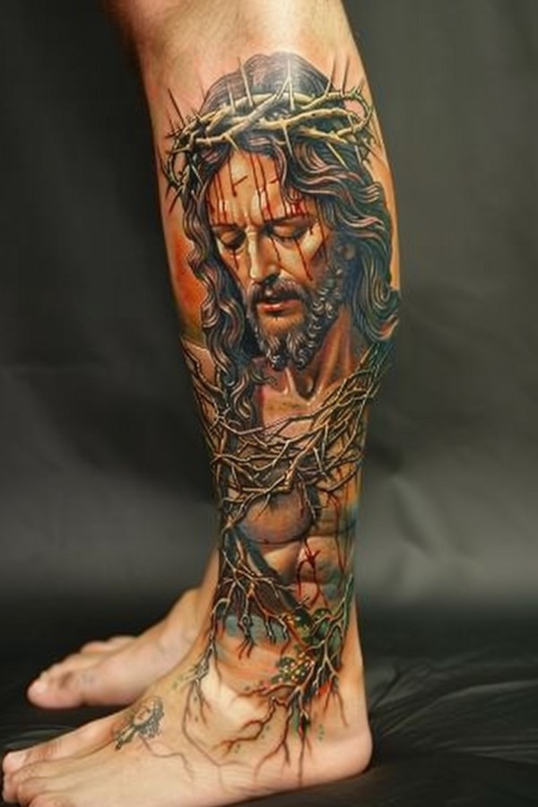 Jesus Woman Leg Tattoo
