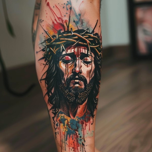 Jesus Woman Leg Tattoo