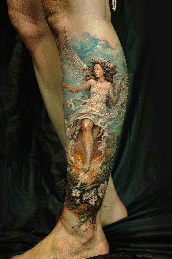 Angel Tattoo Woman Leg