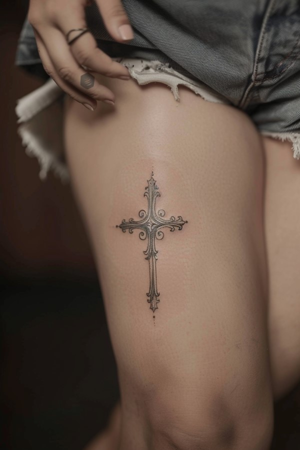 Cross Tattoo woman leg