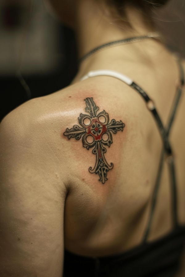 Cross Tattoo woman shoulder