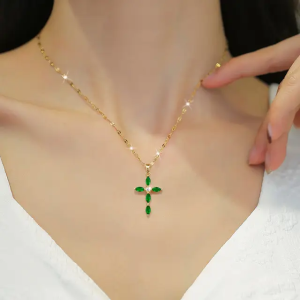 Oval Cut Green Cross Necklace for Women