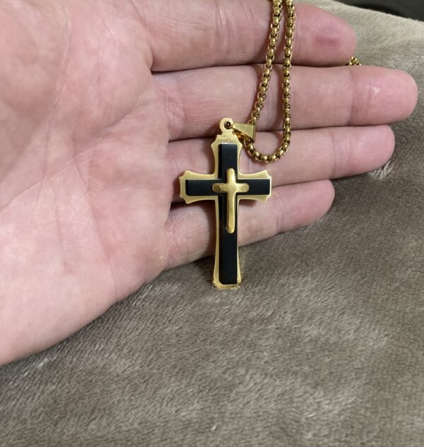 Triple Layered Gold and Black Cross Necklace with Chain Christian Jesus